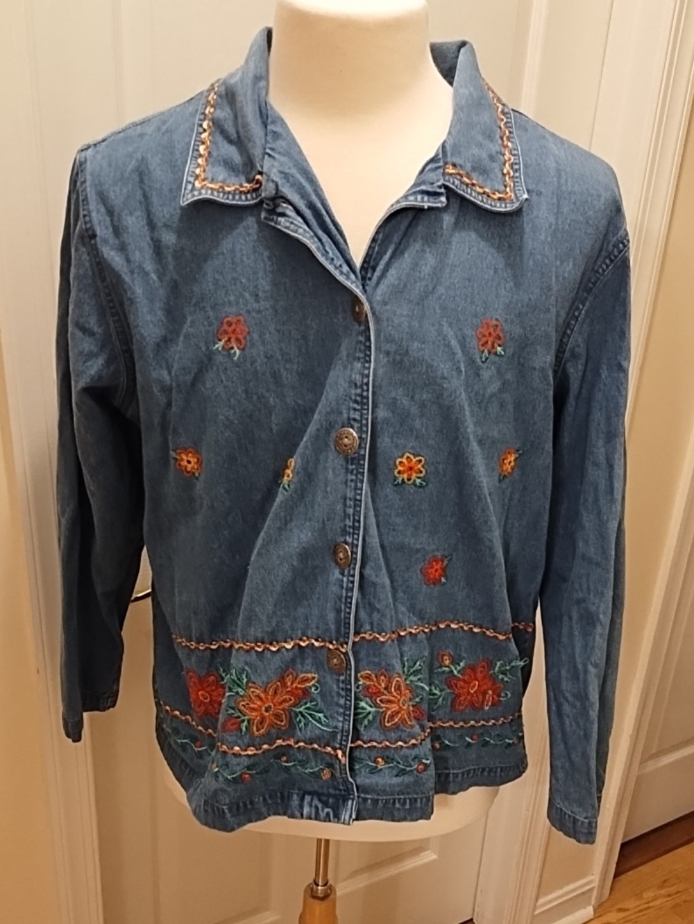 Denim Embroidered Floral Button-Up Jacket - Blue